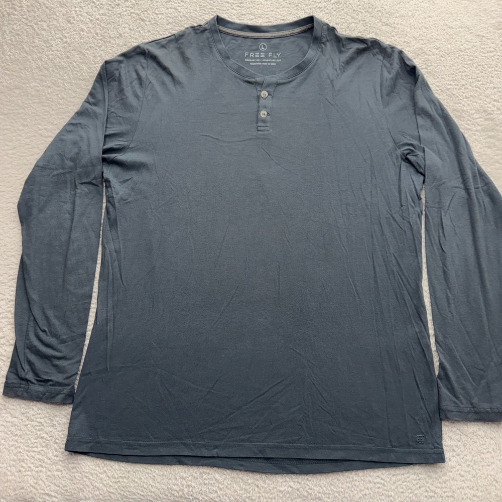 Free Fly Mens Bamboo Henley Long Sleeve Shirt Blue‎ Gray Size L RN105398
